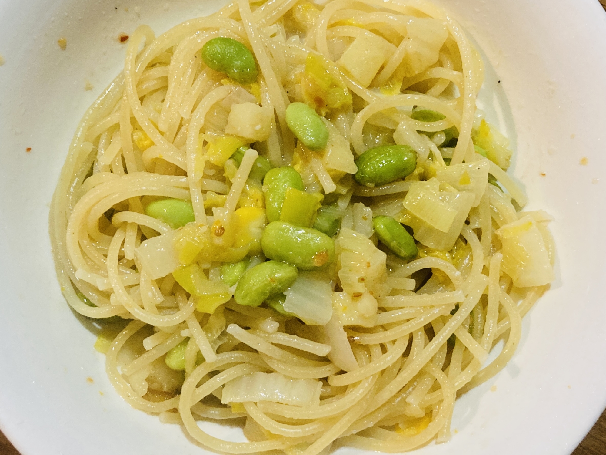 枝豆と白菜のピリ辛パスタ