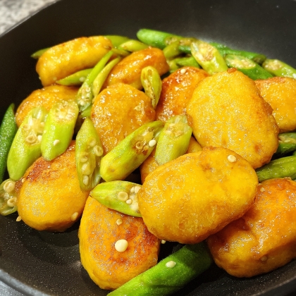 チキンナゲット・エリンギ・オクラのわさび照り焼き風