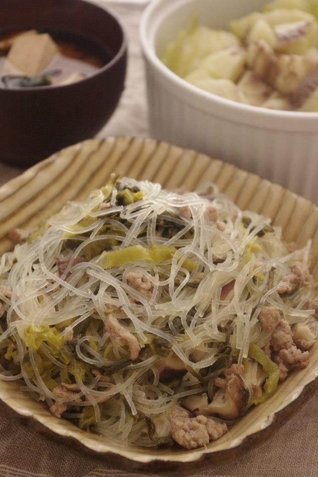 高菜と豚ひき肉の春雨炒め