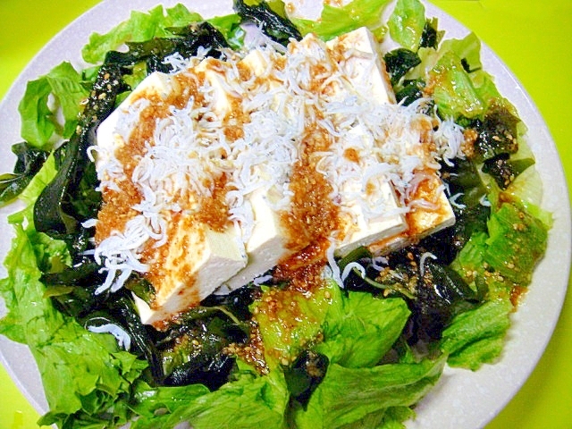 豆腐とわかめしらすの胡麻ドレッシングサラダ